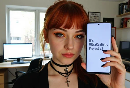 artificial indoor heavy light, amateur quality, low light condition, underexposed face, face slightly shadowed, daytime. young woman, late teens to early 20s, fair skin, reddish-brown hair pulled back, side-swept bangs covering part of the forehead, dark eyeliner, orange eyeshadow, natural lip color, She also has a black choker and a black cross necklace. Her expression is neutral. room with furnitures and desk with computer and monitor and window. holding Samsung note10, display showing text "It's UltraRealistic Project v2", Amoled screen, pixelated text font. She has black nailpolish and rings on some fingers