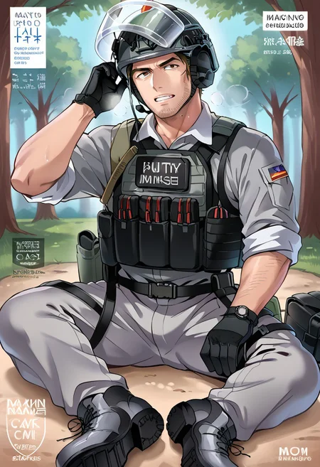 safe_pos, (Aaaild, Aaadjd, manga cover, magazine cover) source_anime, safe_pos, perfect anatomy, perfect proportions, best quality, masterpiece, high_resolution, high quality, solo focus, male focus, male only, bara, gay, homo, mature, masculine, manly, virile, macho, hunky, rugged, middle-age, daddy, dilf, handsome, alluring, seductive, heroic, serious, grim, stern, unsociability, bluntness, gruffness, naughty face, moaning, dazed, looking away, focusing gaze, BREAK asian man, dark eyes, black facial hair, stubble, BREAK (tactical clothes, black military helmet, black boots, black gloves, grey pants, grey tactical clothes, uniform, grey shirt, sleeves rolled up, bulletproof vest, pouch, military uniform), BREAK sitting on ground, lying on back, relaxed pose, leaning slightly, one knee bent upward, legs spread, hand supporting head, contemplative expression, contemplative expression, horny, kinky, domination, heavy breathing, enticed, excessively sweaty shiny skin, shading, countershading, outdoor, dark atmosphere, nature, trees