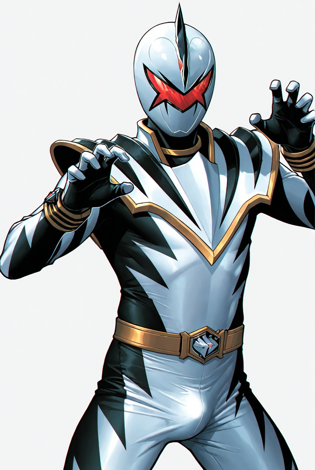 score_9,score_8_up,score_7_up,best quality,ultra-detailed,high resolution,digital painting,8k,1boy,solo,cowboy shot,male focus,detailed face,white bodysuit,helmet,belt,bodysuit,armor,tokusatsu,gloves,mask,d1n0 white,spread legs,claw pose,bulge,looking at viewer,simple background,(white background:1.1),<lora:add-detail-xl:1>,<lora:LYDart StyleIlluLYCO:0.2>,ydart,<lora:Dino Ranger White:0.7>,