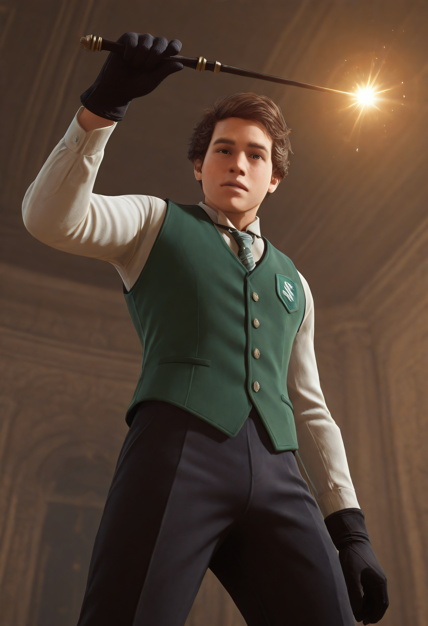 embedding:Illustrious\Positive\IllustriousQual, embedding:Illustrious\Positive\IllusP0s, 1boy, dynamic angle, freckles, male focus, mole, sebsallow, solo, magic wand, gloves, spell casting, hogwarts school uniform, alternative uniform, from below, magical effect, masterpiece, best quality, high resolution.