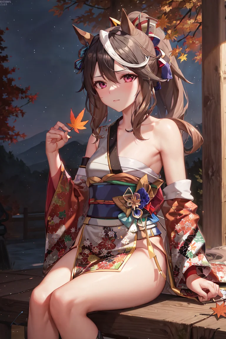 masterpiece, best quality,
symboli rudolf \(umamusume\),
(chest sarashi:1.2),
autumn leaves, autumn, night sky, sitting, holding leaf,
official alternate costume, (hadanugi dousa:1.2), japanese clothes, open kimono, detached sleeves, single sleeve, ponytail, single bare shoulder, long sleeves, obi, sash, <lora:sybmoli_rudolf_locon_0.99:0.6>