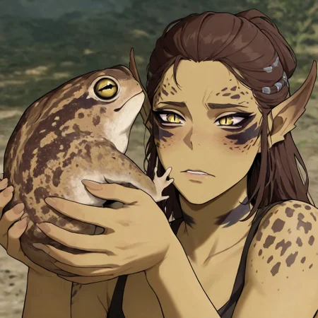 masterpiece, best quality, newest, absurdres, highres, anime, anime style,
1girl, GIV1.0-IL-Lae, lae'zel, gith_(d&d), pointy ears, slit pupils, colored skin, GIV1.0-IL, gith_(d&d), pointy ears, slit pupils, colored skin,
holding pet, holding, holding animal,
DRFTPFV1.0, frog, desert rain frog, african rain frog,