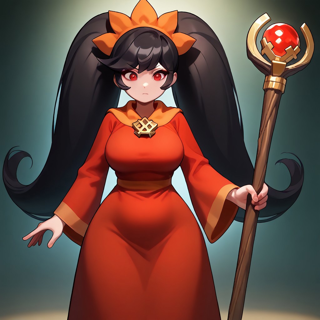 (masterpiece, best quality, pretty face, gloom, obscure background, ominous, anime, staff, cartoony), absurdres, high resolution, highres, highly rated, AddNet Weight 1: 0.6, score_9, (((1girl, unbothered))) ,((ashleywario, unique pose, 1girl, twintails, red eyes, long hair, black hair, dress, orange hairband, red dress, big hair, hairband)), ((fullbody, wide hips, alone, solo, saggy, dynamic, unique, boobs, red eyes, plump, haunted mansion, neutral, fullbody, big breasts, fat, mature))