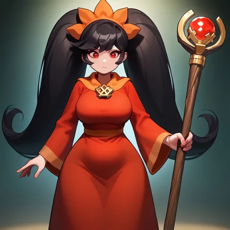 (masterpiece, best quality, pretty face, gloom, obscure background, ominous, anime, staff, cartoony), absurdres, high resolution, highres, highly rated, AddNet Weight 1: 0.6, score_9, (((1girl, unbothered))) ,((ashleywario, unique pose, 1girl, twintails, red eyes, long hair, black hair, dress, orange hairband, red dress, big hair, hairband)), ((fullbody, wide hips, alone, solo, saggy, dynamic, unique, boobs, red eyes, plump, haunted mansion, neutral, fullbody, big breasts, fat, mature))