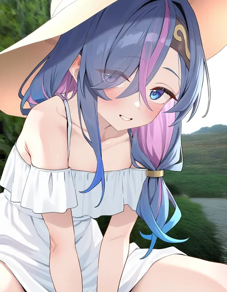 (baffu:0.6),white background,simple background,looking at viewer,collarbone,photo background,sundress,off shoulder,contemporary,
<lora:xingyi_noob:0.75>,xingyi,1girl,solo,blue hair,blue eyes,multicolored hair,streaked hair,eyes visible through hair,long hair,bangs,hair over one eye,purple hair,pink hair,
masterpiece,best quality,very aesthetic,absurdres,