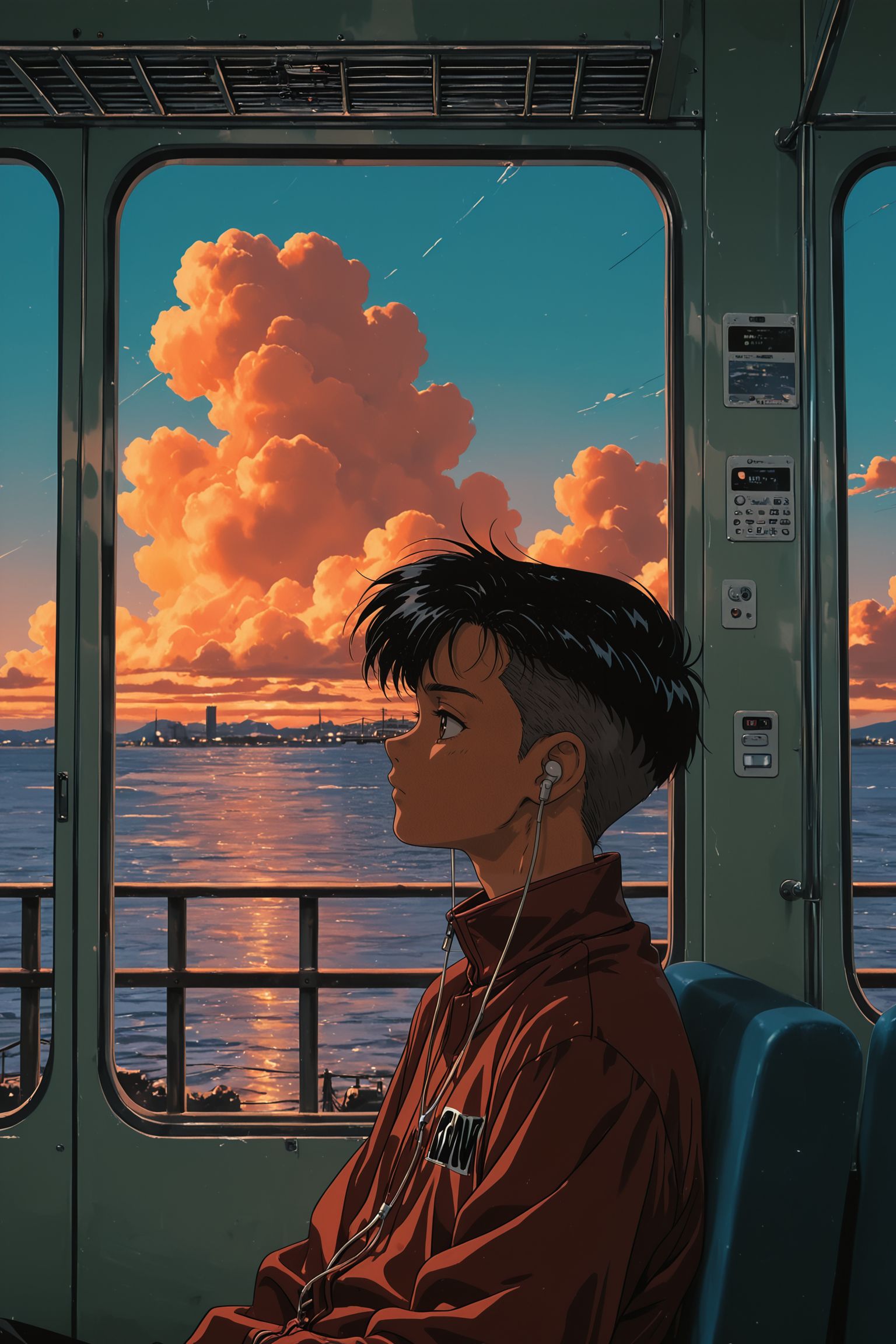masterpiece, best quality, (anime coloring:1.2), retro artstyle, 1990s \(style\), 
1boy, teenage, short hair, black hair, undercut, brown eyes, detailed eyes, streetwear, high collar jacket, red jacket, modern clothing, earbuds, wired earphones, listening to music, sitting, leaning back, train interior, window view, motion blur, urban background, sunset, bridge, iron railing, sea, blue sky, orange clouds, gritty shading, muted color, vintage vibe, hand-drawn look,
from side, side profile, looking away, <lora:add-detail-xl:1>