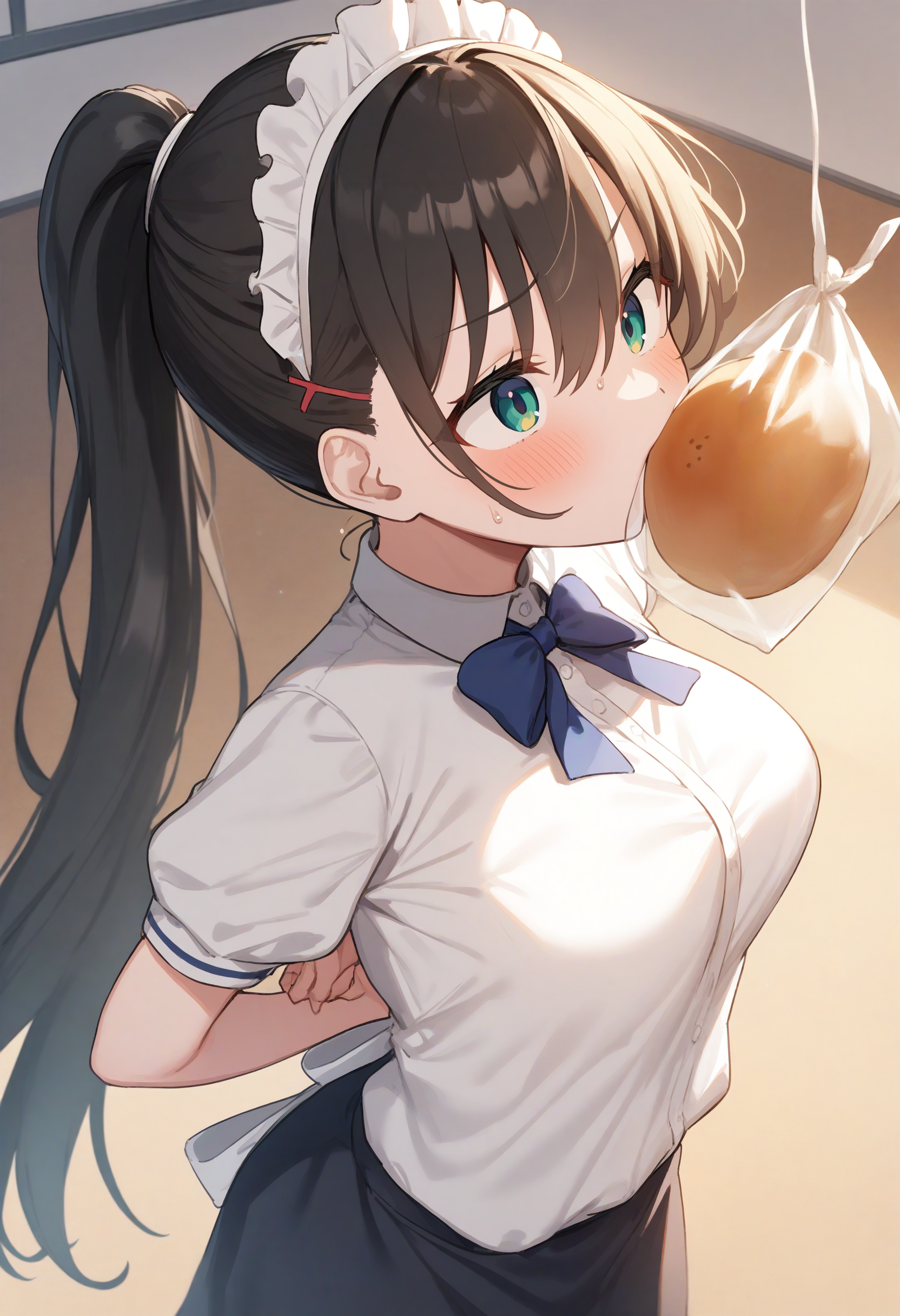 1girl,sincos, ningen mame, toosaka asagi,solo,medium breasts,20yo,maid,maid headdress,
bread eating race,sports festival,bread,arms behind back,<lora:breadeatingrace_XL_v1:0.8>
open mouth, bouncing breasts, plastic bag,
ceiling, fisheye lens, looking ahead, gray hair, green eyes,badmood, closed mouth, high ponytail hair,,
best quality, very aesthetic, absurdres
