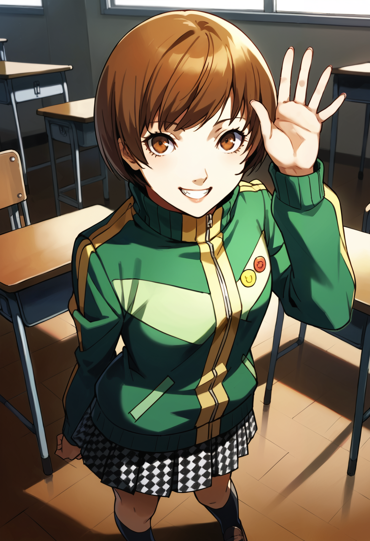 score_9, score_8_up, source_anime
1 girl, solo, cute face,
p4chie, satonaka chie, short hair, brown hair
p4chie-winuni, school uniform, yasogami school uniform, green jacket, zipper, button badges, pleated skirt, houndstooth skirt, socks, loafers,
classroom, standing, looking at viewer, smile, teeth, waving
masterpiece, best quality, ultra detailed,