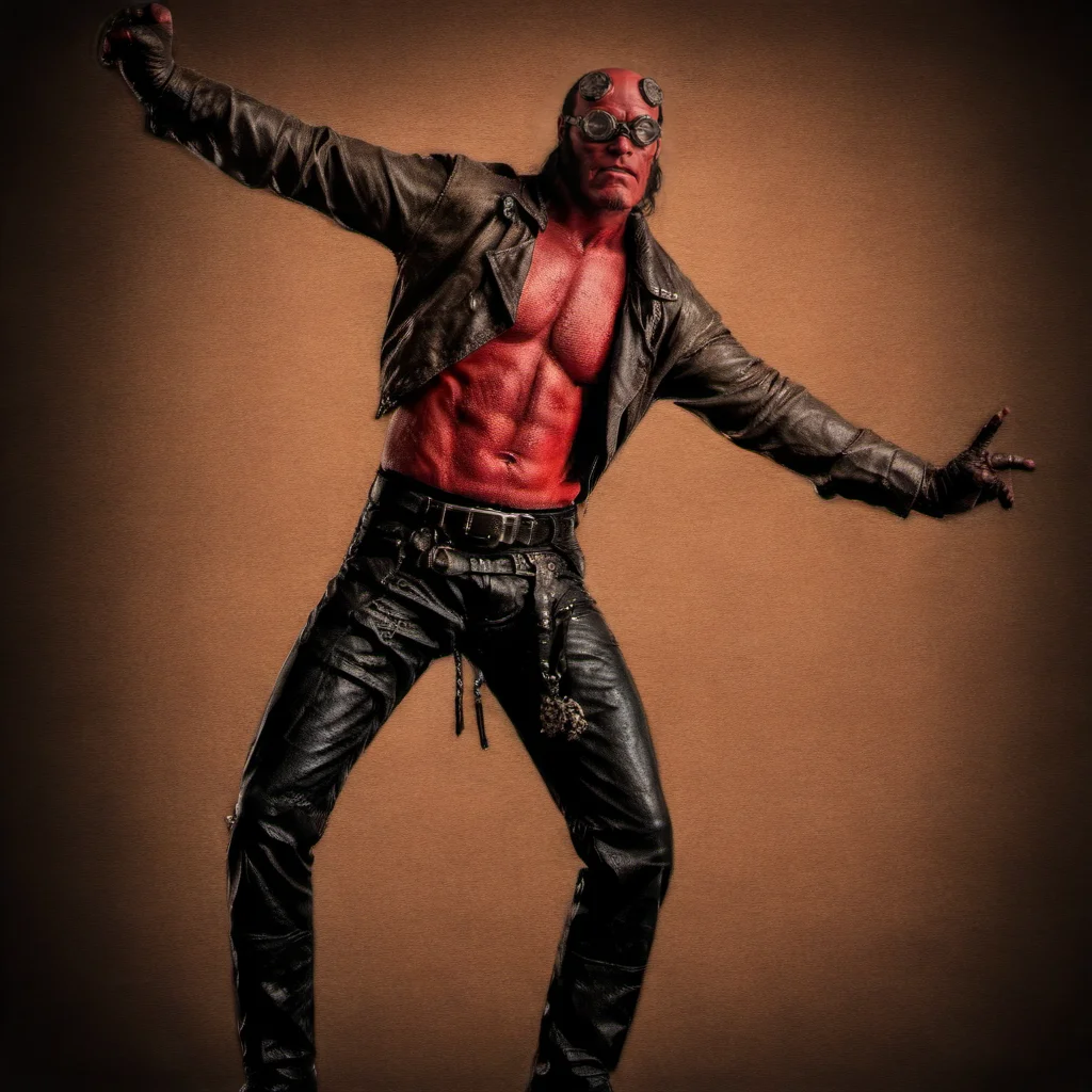 a red man with a leather jacket and a pant and with attitude, steampunk background <lora:Hellboy1024:0.7>