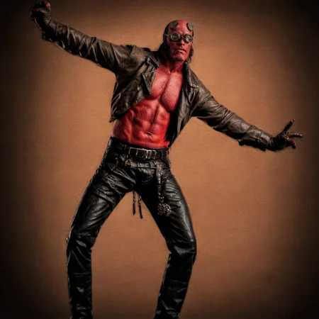 a red man with a leather jacket and a pant and with attitude, steampunk background <lora:Hellboy1024:0.7>