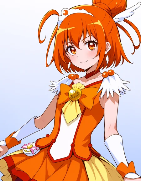 score_9, <lora:sdxl_lightning_8step_lora:1> source_anime, rating_explicit BREAK 1girl, solo,
<lora:ponyxl-char_smile_precure_transformed:1> 
HA-CS, 1girl, orange eyes, single hair bun, hair between eyes, orange hair, hair ornament, wing ornament, tiara, orange choker, antenna hair, feather earrings,
orange bow, orange shorts, orange skirt, bike shorts, shorts under skirt, orange wrist cuffs, detached sleeves,
portrait