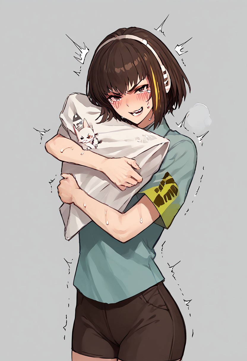 score_9, score_8_up, score_7_up, score_6_up, score_5_up, score_4_up, source_anime, solo, 1girl, absurdres, big thigh, (blush)), trembling, open mouth, (((((sweating))))), ((angry)), (((seductive smirk))),  happy, trembling , ((blush)),crying, standing,  (((clothes up))), ((view from in front )),short pan, ((hugging blushies)), ((((shirt)))), (((clothes up))), negative_hand, m4a1, def,