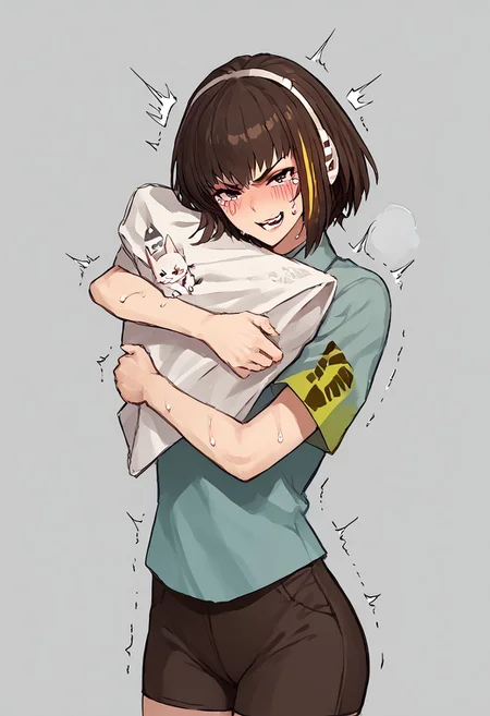 score_9, score_8_up, score_7_up, score_6_up, score_5_up, score_4_up, source_anime, solo, 1girl, absurdres, big thigh, (blush)), trembling, open mouth, (((((sweating))))), ((angry)), (((seductive smirk))), happy, trembling , ((blush)),crying, standing, (((clothes up))), ((view from in front )),short pan, ((hugging blushies)), ((((shirt)))), (((clothes up))), negative_hand, m4a1, def,