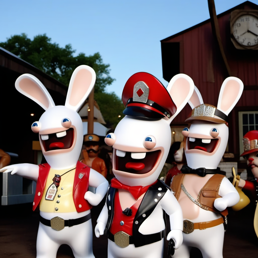 a rabbit dressed as a cowboy, a rabbit dressed as a indian, a rabbit dressed with a latex cap,  a rabbit dressed with a hardhat, a rabbit dressed as a cop,  like the village people band, highly detailed, photography, ultra sharp, film, professional, 64k  <lora:LapinsCrétins1024-000175:0.8> <lora:add-detail-xl:1.5>