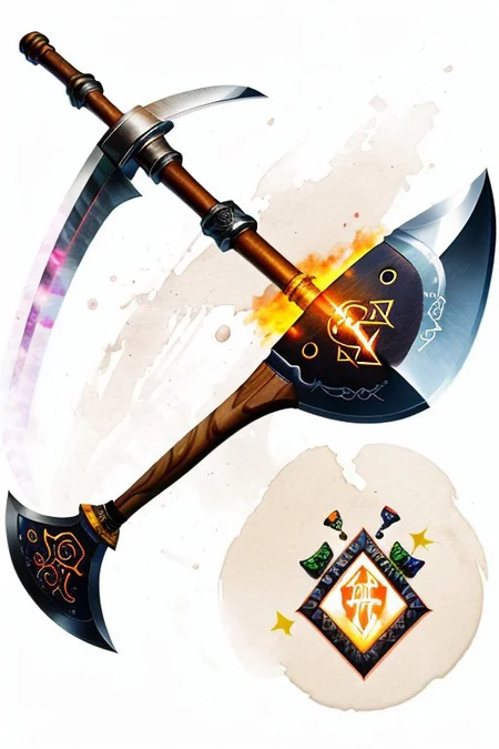 shovel,-axe hybrid, wood handed, (dark wood handle:1.1), (Shovel-Axe hybrid:1.3) with (glowing runes:1.2)