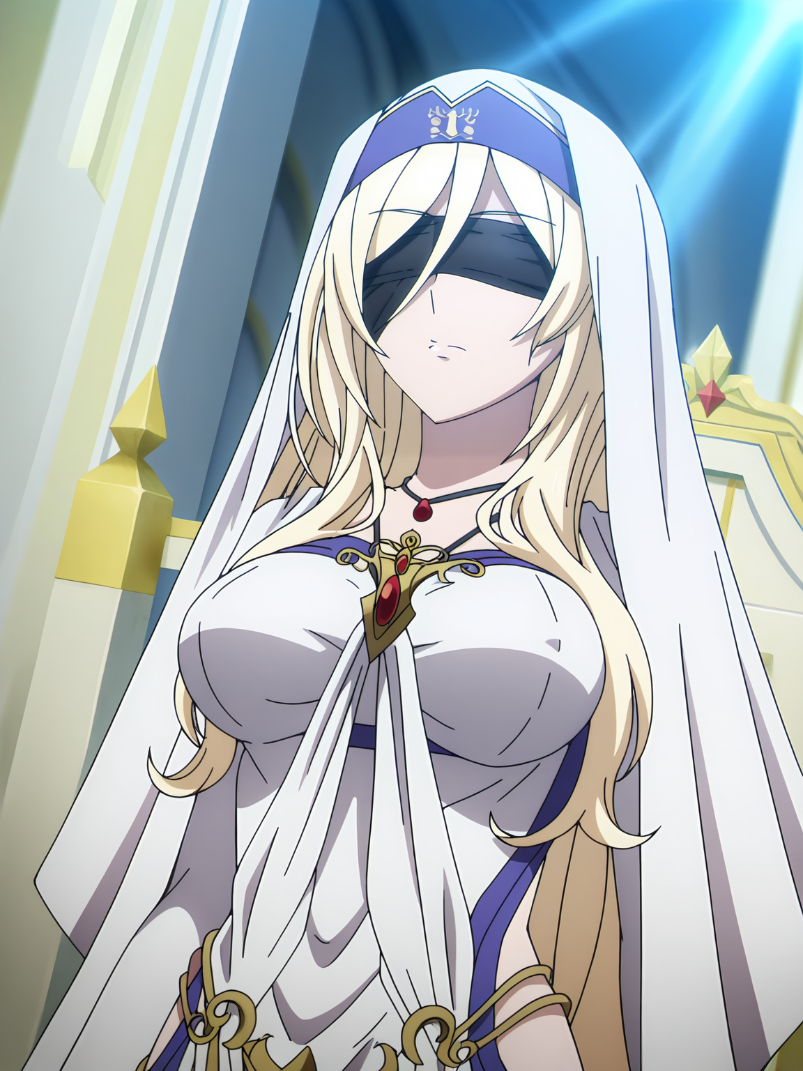 <lora:Sword_Maiden_v2:0.8>sword_maiden, 1girl, solo, very long blonde hair, black blindfold, white and blue veil headdress, red pendant, gold pendant, long white side slit dress, long white drape, cleavage cutout, white armwear, gold accessories, neutral, serious, closed mouth, standing, upper body, dutch angle, low angle, indoors, church, throne, strong lights