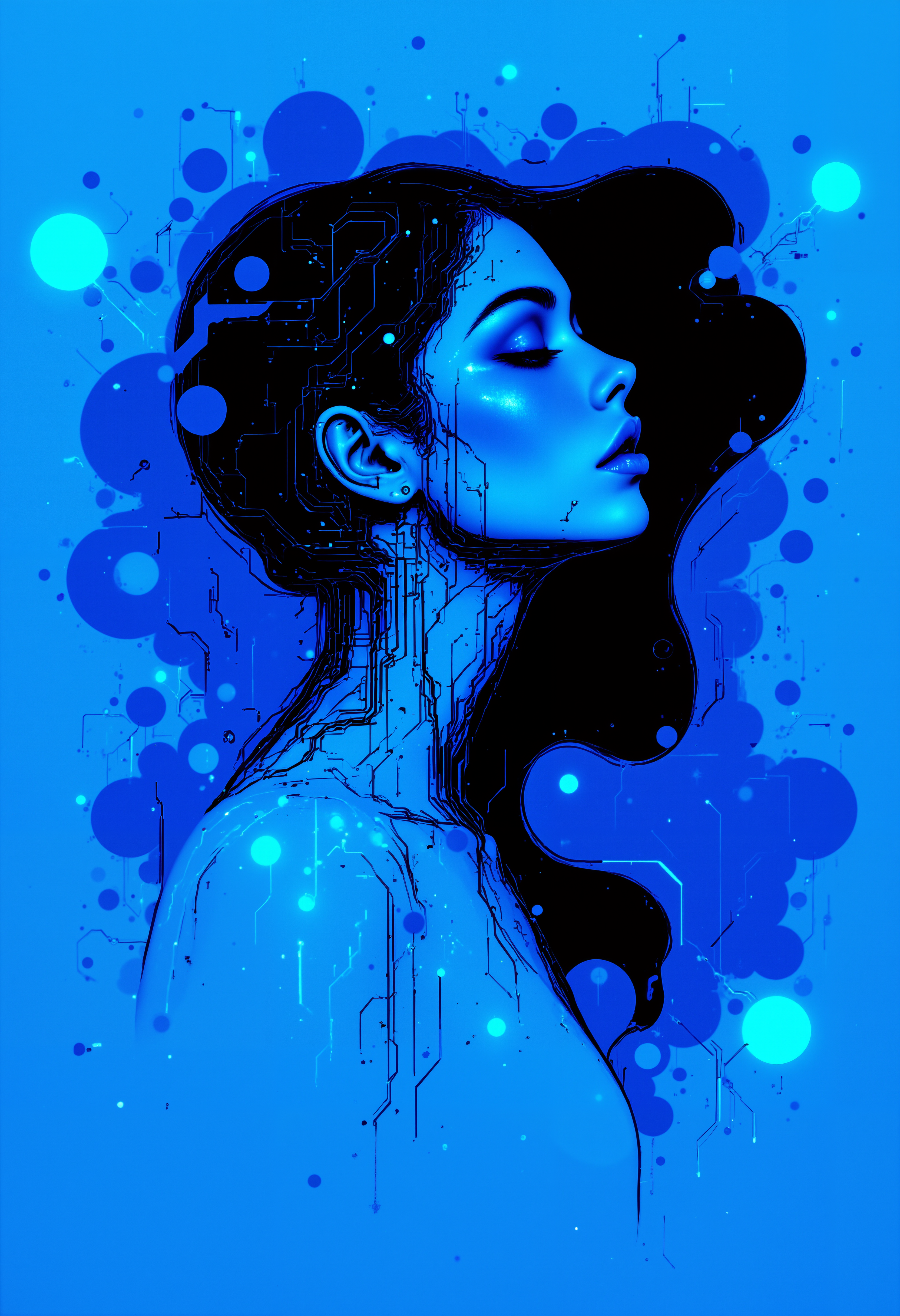 Create a digital artwork featuring a striking portrait of a woman in profile, rendered in a bold, graphic style using a monochromatic blue color palette. The woman's features should be stylized and futuristic, with her face and neck composed of flowing lines and circuit-like patterns that suggest a blend of human and digital elements. These patterns should appear to dynamically burst from her form, creating an effect of movement and energy that extends beyond the confines of her silhouette. The background should be simple yet impactful, using varying shades of blue to enhance the sense of depth and dimension. This style should evoke a sense of modernity and technology, highlighting the subject's serene yet intense gaze, which captures a moment of contemplation or revelation. Aim for a clean, sharp focus that emphasizes the intricate details of the lines and the smooth gradients of the color transitions, making the artwork both visually captivating and emotionally engaging.