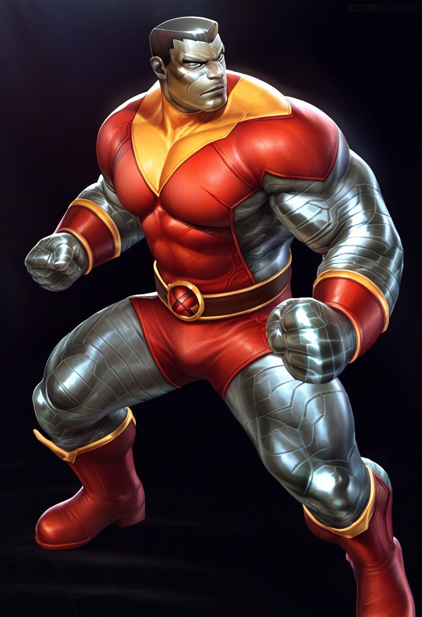 score_9, score_8_up, score_7_up, source_cartoon, solo, 1boy, x_colossus, grey metal skin, black hair, hero costume, white sclera, muscular, bara, fighting pose, male focus, fullbody,
