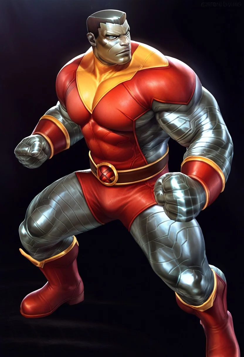 score_9, score_8_up, score_7_up, source_cartoon, solo, 1boy, x_colossus, grey metal skin, black hair, hero costume, white sclera, muscular, bara, fighting pose, male focus, fullbody,