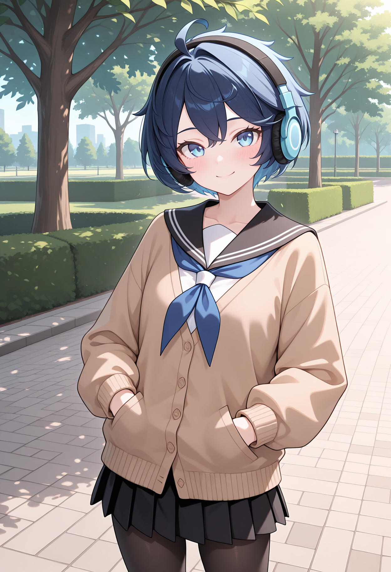 rlsheffy, dark blue hair, short hair, ahoge, blue eyes, school uniform, brown cardigan, black sailor collar, blue neckherchief, long sleeves, black skirt, black pantyhose, headphones, smile, hands in pockets, closed mouth, blush, looking at viewer, outdoors, park, <lora:_sheffy_pcr-elesico-ilxl-v11A-15:1> highres, best quality, masterpiece, 
1girl, solo,