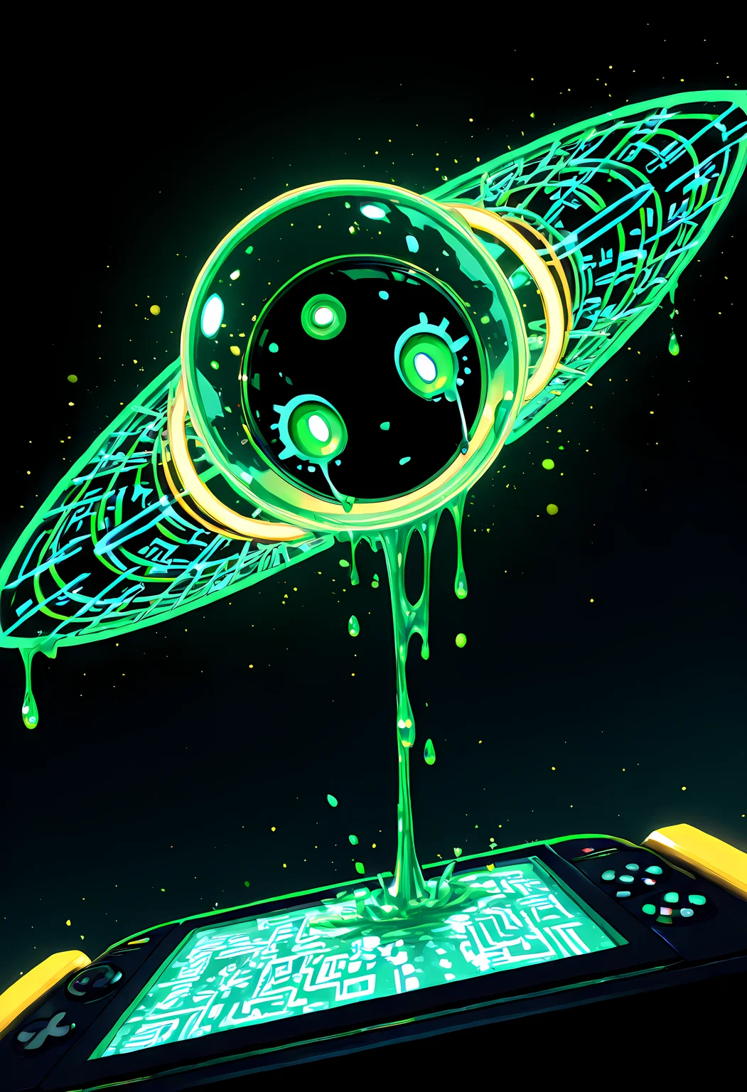 1girl, solo, gilded cyber-siren with broken pixel wings, blank stare interrupted by pixel tears, glitching VR nightclub in zero gravity, matryoshka effect of nested shards, tertiary neon spectrum (cyan/magenta/yellow), plus, dripping data shards melting off form, dynamic POV handheld vibe, hyper-detailed, cinematic lighting, 8K, ultra textural
an infinite digital tunnel of neon glyphs, emerald green, neon yellow, obsidian black, macro sci-fi splash with delicate filament lines and bokeh nodes, circular arcs and pulses wrap around an invisible core, as if sonic waves visualized, 8K, ultra HD wallpaper, ultra-detailed, cinematic lighting