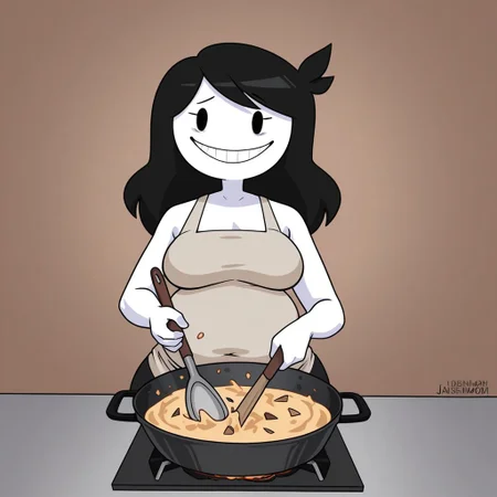 Jaidensmom, solo, 1girl, Black oval eyes, Age lines, Black eyes, White skin, Colored skin, No sclera, Black hair
jaidensmom smiling with her eyes while cooking. chubby