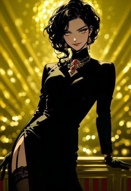 score_9, score_8_up, score_7_up, score_6_up, score_5_up, score_4_up, (long black hair:1.5), (golden eyes:1.4), (elegant black dress:1.5), (golden rose hairpin:1.2), (flawless, alluring beauty:1.1), (poised assassin stance:1.0), (subtle confident smirk:1.3), (thigh-high stockings:1.3), (sleek black gloves:1.4), (cinematic lighting:1.4), (luxurious ballroom background:1.5), dramatic rim lighting, soft glow, ultra-high detail, anime-style shading, professional artwork, refined elegance, semi-realistic, depth of field, mole under eye, lips, dynamic angle, night club background,