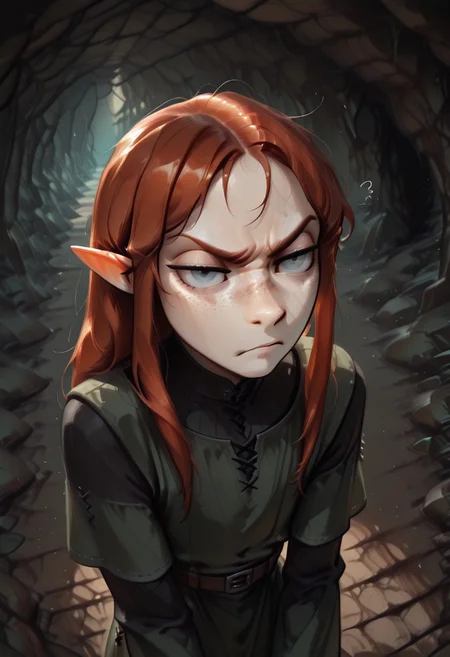 1person, solo, Lapanya, Malgha, freckles, pointy ears, Long-sleeve black shirt, green tunic, high angle, annoyed expression, glaring upward,
Underground, organic cavern,
Masterpiece, high quality, highly detailed, perfect eyes, detailed freckles,