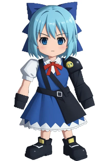 1girl, solo, adventchirno, blue hair, short hair, hair bow, blue bow, blue eyes, dress, neck ribbon, red ribbon, black gloves, asymmetrical sleeves, mismatched sleeves, single shoulder pad, strap, waist cape, shoes, full body, standing, white background, ffviichibis, chibi, standing, full body, white background