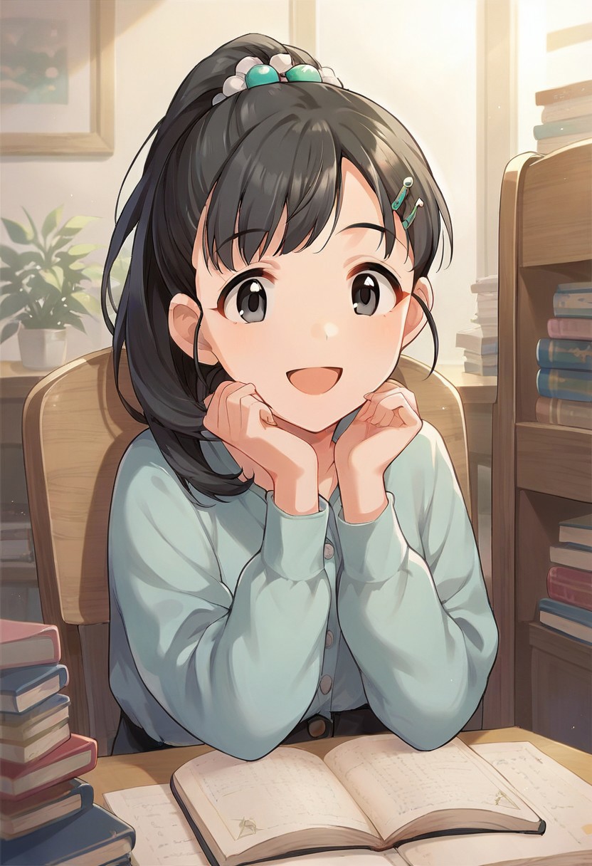 score_9, score_8_up, score_7_up, source_anime,fukuyama mai, black hair, black eyes, ponytail, 1girl, solo, hair ornament, smile, hairclip, book, sitting, chair, open mouth