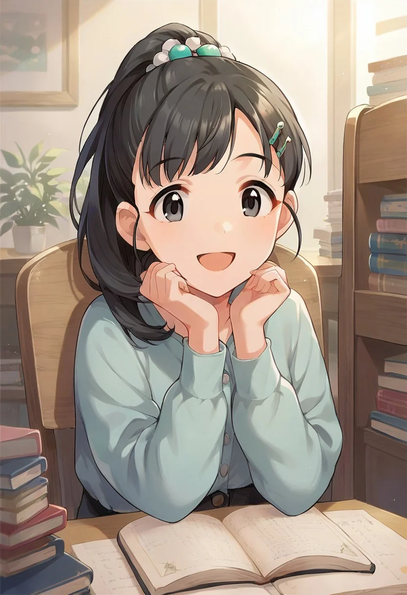score_9, score_8_up, score_7_up, source_anime,fukuyama mai, black hair, black eyes, ponytail, 1girl, solo, hair ornament, smile, hairclip, book, sitting, chair, open mouth