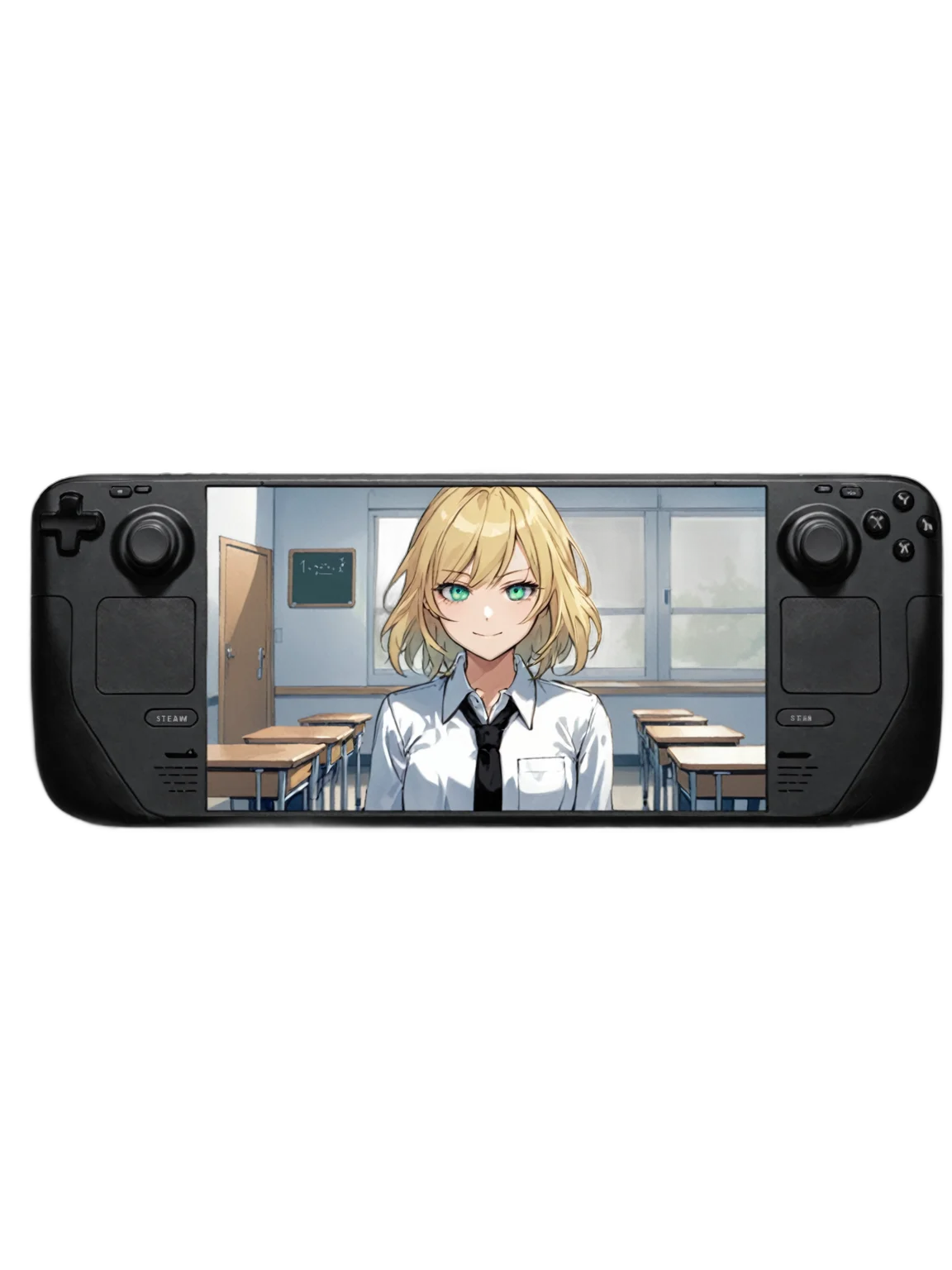masterpiece, best quality,
<lora:steamdeck.sdxl.v2:0.75>
(steamdeck, fontalsteam, white steambackground:1.1), 
[:1girl, blond hair, light smile,  white shirt, collared shirt, black necktie, light green eyes, aqua eyes,classroom:0.1]