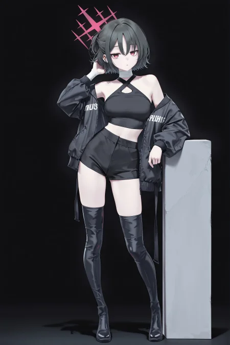 1girl, solo, misaki \(zozotown\) \(blue archive\), halo, tied hair, short hair,
black jacket, midriff, jacket partially removed, halterneck, thigh boots,
expressionless, jitome, :o,
standing, contrapposto, hand on own hair, leaning on object,
black background,
full body, looking at viewer, masterpiece, best quality, amazing quality, very aesthetic, absurdres, highres, newest, <lora:xl_saturation_slider:0.1>, <lora:illustriousXLv01_stabilizer_v1.164:0.3>, <lora:reduce_wrinkles_illstriouosv0.1_ADDifT_2_in_1_v1.2:0.9>, <lora:misakizozotownillv1:0.8>,