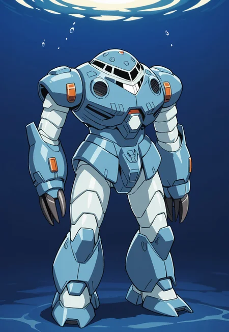score_9, score_8_up, score_7_up, source_anime, cowboy shot, front view, bottom view, BREAK, ( zgok_experiment, white monoeye, zeon symbol on chest, looking at viewer, swimming, arms by sides, ) 1mech, mech focus, solo, BREAK, submarine backpack with searchlight, diffuse light, underwater, dark blue water, jet stream behind mech,