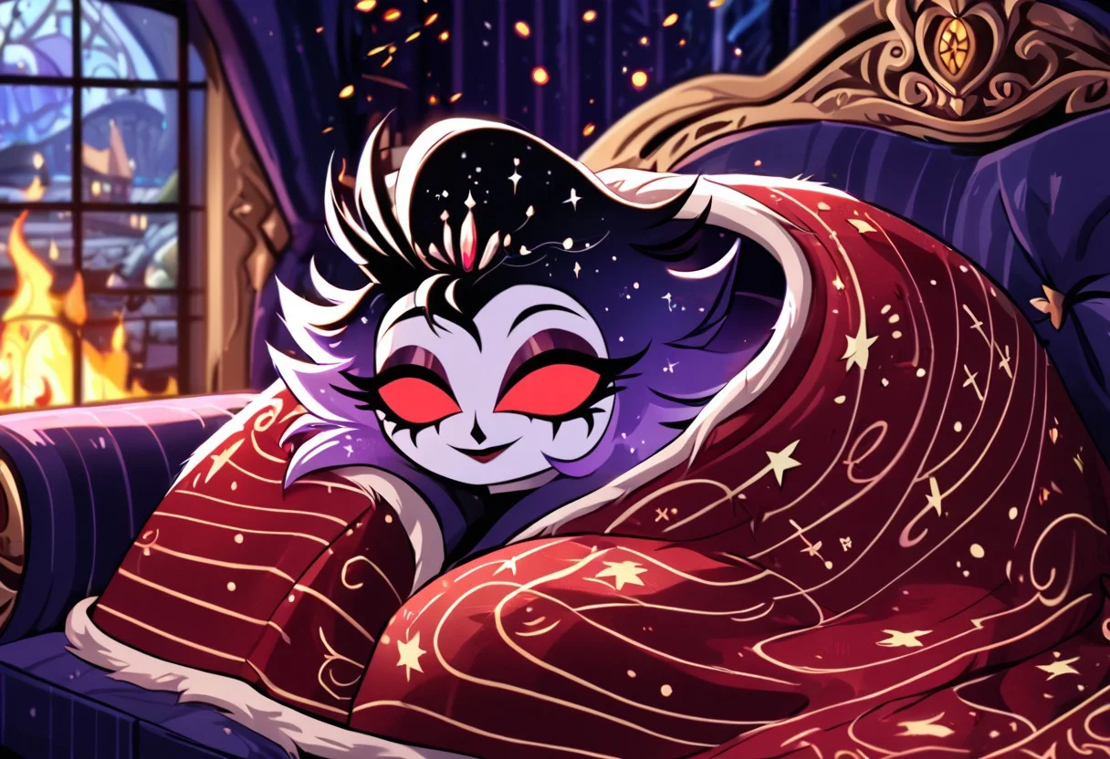score_9_up,score_8_up,score_7_up,cozy,sprawling fantasy town beyond the end of reality, solo, masterpiece,high detail, high resolution, high quality, best quality, perfect face, perfect eyes, StlsGtia_Dskfll, Stolas laying on sofa, wrapped in cozy blanket, warm fireplace in background, fire embers, galaxy view in window,blanket,comfyblanket,HazbinStyle,cartoon character