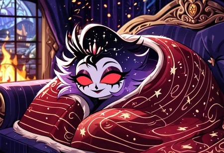 score_9_up,score_8_up,score_7_up,cozy,sprawling fantasy town beyond the end of reality, solo, masterpiece,high detail, high resolution, high quality, best quality, perfect face, perfect eyes, StlsGtia_Dskfll, Stolas laying on sofa, wrapped in cozy blanket, warm fireplace in background, fire embers, galaxy view in window,blanket,comfyblanket,HazbinStyle,cartoon character