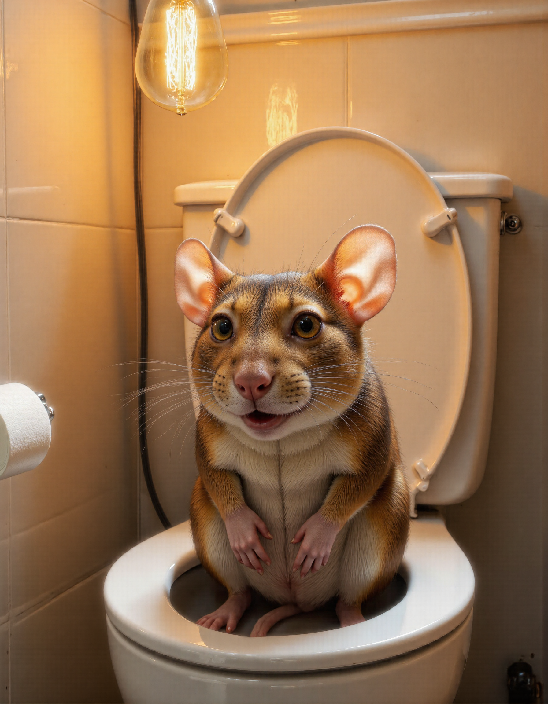 Frida Kahlo style full body shot of <lora:antr:1>A photorealistic anthropomorphic mouse sitting on a porcelain toilet in a small, modern bathroom, rendered with meticulous attention to detail. The mouse is mid-action, clearly in the process of defecating, with its posture and expression conveying both effort and focus. Its small paws grip the edges of the toilet seat tightly, knees slightly raised, and tail curling downward behind it, adding anatomical clarity to the situation. The pose is natural yet exaggerated enough to emphasize the comedic tension of the moment., The mouse's fur is incredibly lifelike, featuring individual strands that vary in length, thickness, and direction, creating a soft, tactile appearance. Subtle color variationsârich browns, warm grays, and hints of cream around the belly and cheeksâadd depth and realism. Fine shading and highlights emphasize the texture, making the fur look almost touchable. Tiny imperfections, such as slightly uneven patches or stray hairs sticking out at odd angles, enhance the authenticity., The mouse's eyes are wide and bulging dramatically due to the strain, capturing an intense mix of effort and panic. The irises are richly detailed, with intricate patterns resembling real rodent eyesâdark centers fading into lighter rings near the edges. Reflective glints of light from the bathroom lighting create a wet, glossy sheen, giving them a hyper-realistic appearance. Veins are faintly visible in the whites of its eyes, adding to the tension-filled expression., Its whiskers are long, delicate, and slightly curved, catching the light in a way that makes them shimmer subtly. Each whisker is distinct, tapering finely at the ends, and they quiver backward ever so slightly due to the mouse's strained posture, conveying both tension and vulnerability. Some whiskers have tiny bends or kinks, mimicking the natural irregularities found in real mice., The bathroom setting is richly detailed: crisp white tiles with faint grout lines, a shiny chrome toilet paper holder with a partially used roll, and a small sink reflecting soft ambient light. Above the scene, a bare light bulb hangs from the ceiling on a thin black cord, casting a warm, golden glow over the room. The bulb is slightly tilted, with visible filaments inside, and the cord sways gently as if disturbed by a recent movement. The light creates soft shadows on the walls and floor, adding depth and dimension to the space. A glowing window lets in diffused daylight, complementing the artificial light and highlighting the mouseâs fur and whiskers with gentle backlighting., To make the action clear, subtle visual cues are included: a faint mist rising from the water in the toilet bowl, and the mouseâs tail positioned slightly away from its body, indicating the ongoing process. The composition focuses on the mouse as the central subject while maintaining balance with the environment. Cinematic lighting enhances the textures of the scene, emphasizing the contrast between the smooth porcelain and the mouseâs velvety fur., Style: Photorealistic with cinematic lighting, vibrant yet natural colors, and meticulous attention to every detail, especially the fur, eyes, whiskers, and environmental elements. The overall mood balances humor and relatability, creating a whimsical yet grounded depiction of this absurd yet endearing moment.. Whole outfit, clear, sharp, balanced . Surrealist, autobiographical, vibrant, symbolic, "Realist