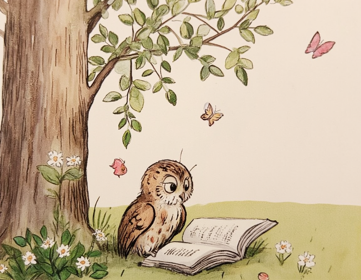 <lora:suteev:1>, An owl reading a book under a tree on a sunny day, surrounded by flowers and butterflies, drawn in Suteevâs style â flat yet expressive characters, soft background, and a peaceful mood.