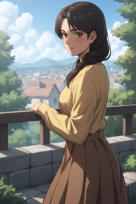 score_9, score_8_up, score_7_up, BREAK source_anime, <lora:carla yeager-PonyXL-lora-Faxtron:0.8> carla yeager, tucked-in yellow shirt, long sleeves, brown skirt,