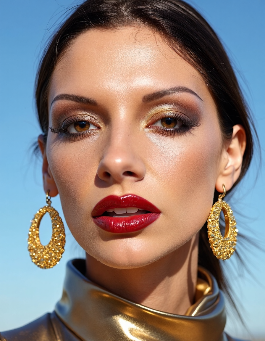 A hyper-detailed, avant-garde photograph featuring a striking woman with pale light skin against a clear, light blue sky. Her full-face close-up highlights the smooth texture of her flawless complexion. Shimmering metallic eyeshadow enhances the depth of her piercing gaze, while her glossy, deep red lips create a bold contrast to her skin. Large, intricately detailed golden hoop earrings reflect light, contributing to her modern allure. She wears metallic urban Buddhist monk clothing, with a turtle neck that enhances her avant-garde look. The reflective surfaces of her earrings and outfit create a dynamic interplay with the environment, emphasizing her sleek presence. The minimalist background allows the viewer to focus on her eye-catching fashion and makeup. Captured with a Sony A7R IV camera and a 50mm f/1.2 G Master lens for a beauty editorial shoot, this composition highlights her fashion-forward aesthetic. Inspired by avant-garde fashion photography from Sølve Sundsbø, this image blends contemporary fashion and minimalist elegance, embodying mythp0rt and niji_flux styles for a sleek, high-fashion vision. ((glow_skin, iridescent skin, oily skin, portrait)).