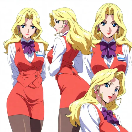 masterpiece,high score,great score,absurdres,solo,anime coloring,looking at viewer,<lora:character_Sheet_XL:0.5> character sheet, multiple views, white background,<lora:AliceNonoyama hassakuill30:1> alicenonoyama, blonde hair, long hair, blue eyes, lipstick, earrings,vest,shirt,bow,skirt,pantyhose,