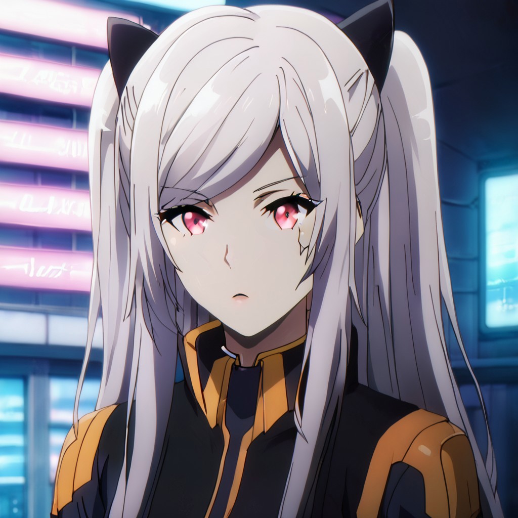 Black hair ribbon, gray hair, long hair, twintails, red eyes, large breasts, two side up, single hair bun, ponytail, wearing a futuristic battle suit with neon accents, standing on a high-tech rooftop in a cyberpunk city, neon lights reflecting off the rain-soaked streets, high-tech drones flying above, sci-fi atmosphere