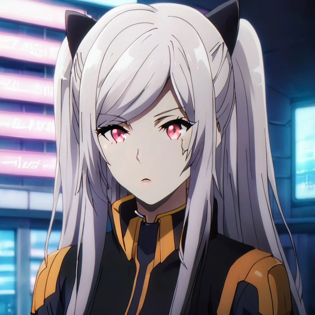 Black hair ribbon, gray hair, long hair, twintails, red eyes, large breasts, two side up, single hair bun, ponytail, wearing a futuristic battle suit with neon accents, standing on a high-tech rooftop in a cyberpunk city, neon lights reflecting off the rain-soaked streets, high-tech drones flying above, sci-fi atmosphere