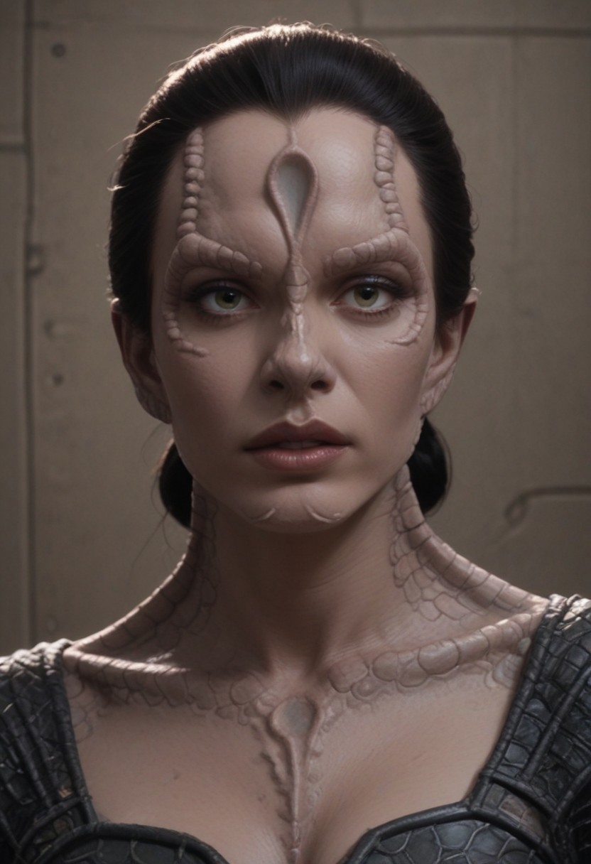 score_9, score_8_up, score_7_up, score_6_up, rating_explicit, (realistic), high resolution, solo, beautiful face, perfect eyes, c4rd45514n alien, forehead crest, (grey skin), ridges, scales, black hair, slicked back hair, black armor, scheming, plotting, holding a futuristic pistol, on a grey space station