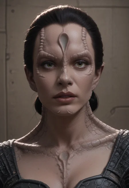 score_9, score_8_up, score_7_up, score_6_up, rating_explicit, (realistic), high resolution, solo, beautiful face, perfect eyes, c4rd45514n alien, forehead crest, (grey skin), ridges, scales, black hair, slicked back hair, black armor, scheming, plotting, holding a futuristic pistol, on a grey space station