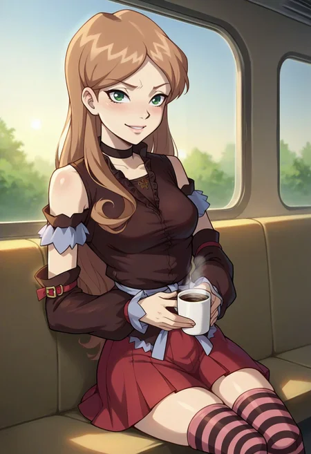 score_9, score_8_up, score_7_up, source_anime, <lora:Sophie_Casterwill-000009:0.8> Sophie Casterwill, 1girl, long hair, brown hair, green eyes, detached sleeves, choker, red skirt, striped legwear, thighhighs, holding, holding coffee cup, sitting down, train, talking, relaxing, sunlight through window, smile, looking at viewer, hand on stomach, blush, solo, cowboy shot, dutch angle