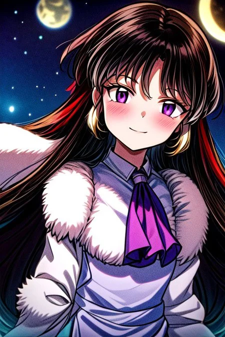 masterpiece, best quality 1girl Setsun4 solo long hair, (night time) forest background black hair very long hair purple eyes multicolored hair armor (fur trim) (medium body),<lora:EMS-179-EMS:0.800000>,<lora:EMS-293862-EMS:0.800000> bow, hair_bow, hair_tubes, red_bow, brown_hair, long_hair, bangs, sidelocks, ascot, brown_eyes, frilled_bow, yellow_ascot, blush, smile, hair_between_eyes