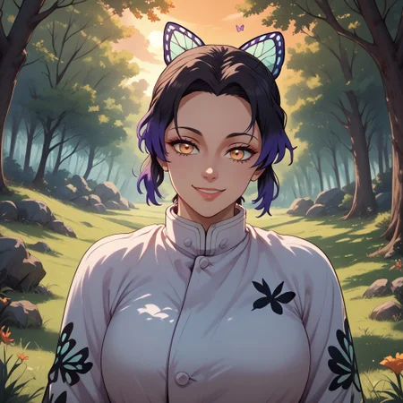 score_9, score_8, BREAK, Shinobu Kochō, (demon slayer, Kimetsu No Yaiba), animal print, black hair, butterfly, butterfly hair ornament, butterfly print, forehead, gradient hair, hair ornament, haori, multicolored hair, parted bangs, purple hair, short hair, two-tone hair,, sexy pose, self portrait, smile, outdoors, sunlight, shadows, evening lighting, natural lighting, forest, trees, grass, orange sky, sunset