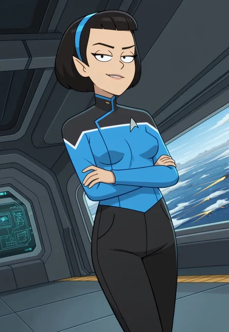 masterpiece, high quality, BREAK, dynamic angle, 1girl, solo, tlynstld, pointy ears, short hair, black hair, blue hairband, blue turtleneck shirt, perky breasts, black pants, arms crossed, looking at viewer, smirk, spaceship, detailed scenery