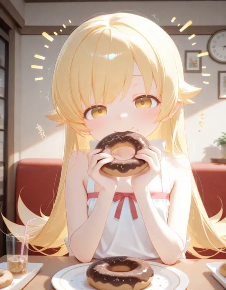 1girl, oshino shinobu, eating, fang, mister donut, donut, restaurant, happy, smile, trembling for pleasure, happy aura, cute, very awa, masterpiece, best quality, amazing quality, absurd res, hi res, highres, <lora:NoobV065sHyperDmd:0.3> <lora:naitian_epoch_12:0.8>